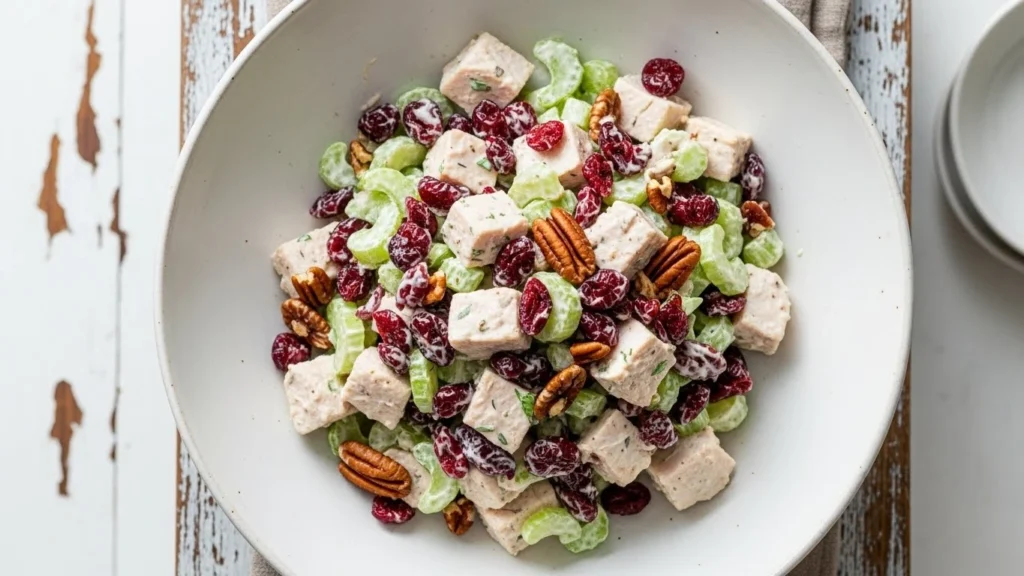 Cranberry chicken salad with dried cranberries and pecans in a white bowl.