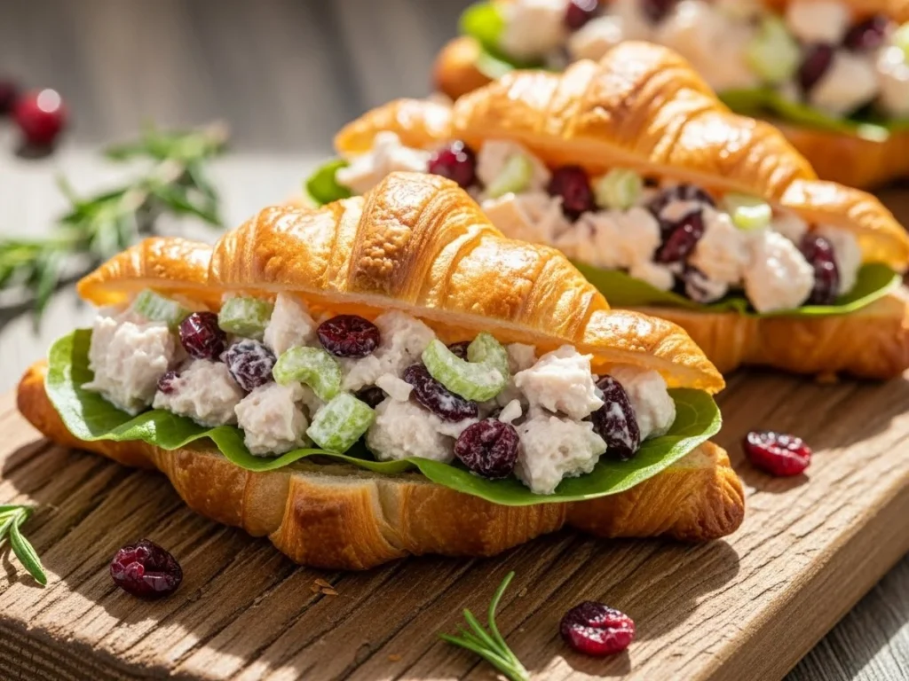 Cranberry chicken salad served on croissants with fresh lettuce.