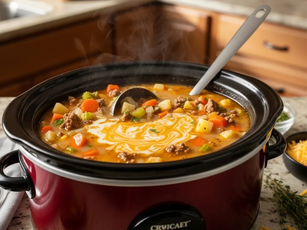 Crockpot filled with creamy cheeseburger soup mixture.