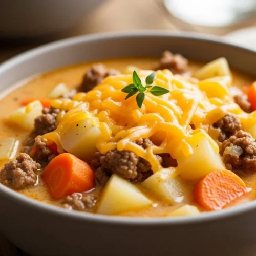 Creamy cheeseburger soup with melted cheddar and ground beef in a rustic bowl.