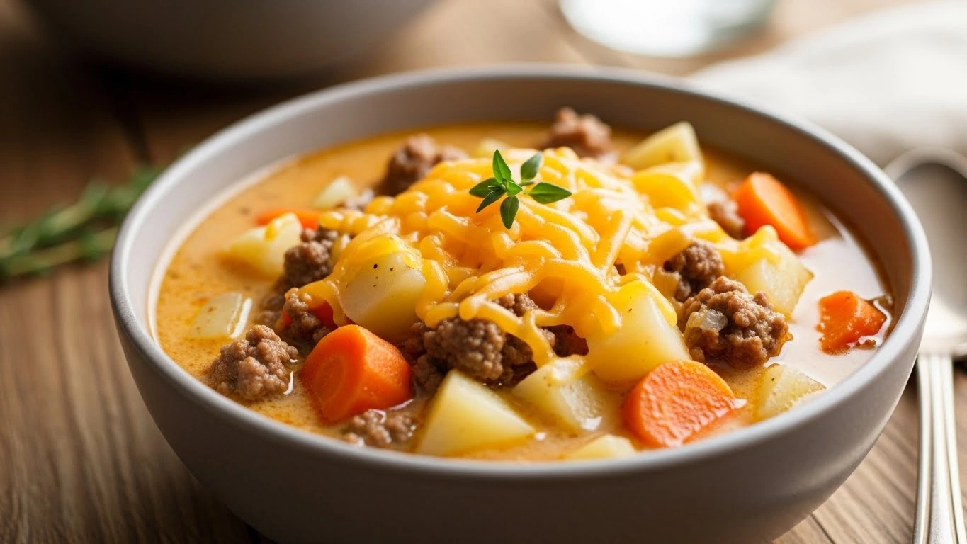 Creamy cheeseburger soup with melted cheddar and ground beef in a rustic bowl.
