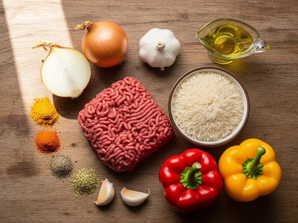 Ingredients for simple ground beef and rice recipes arranged neatly.