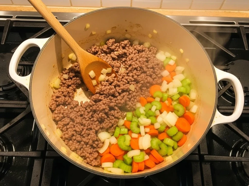 Step-by-step images showing how to prepare creamy cheeseburger soup.