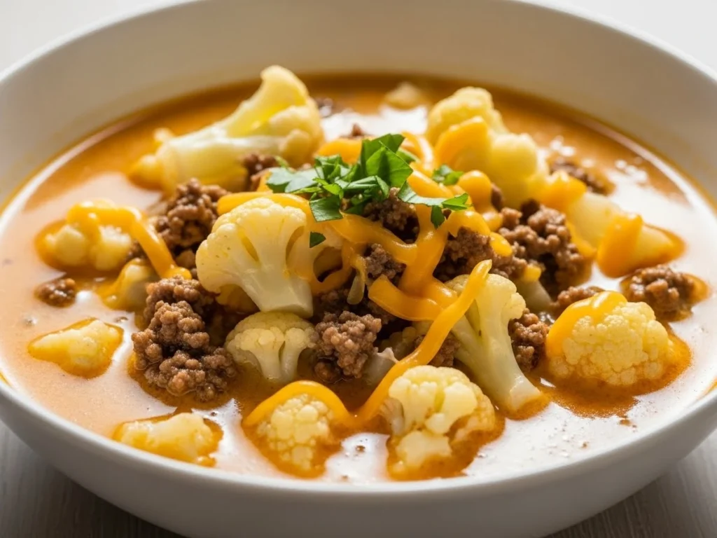 Keto cheeseburger soup with cauliflower and cheddar.
