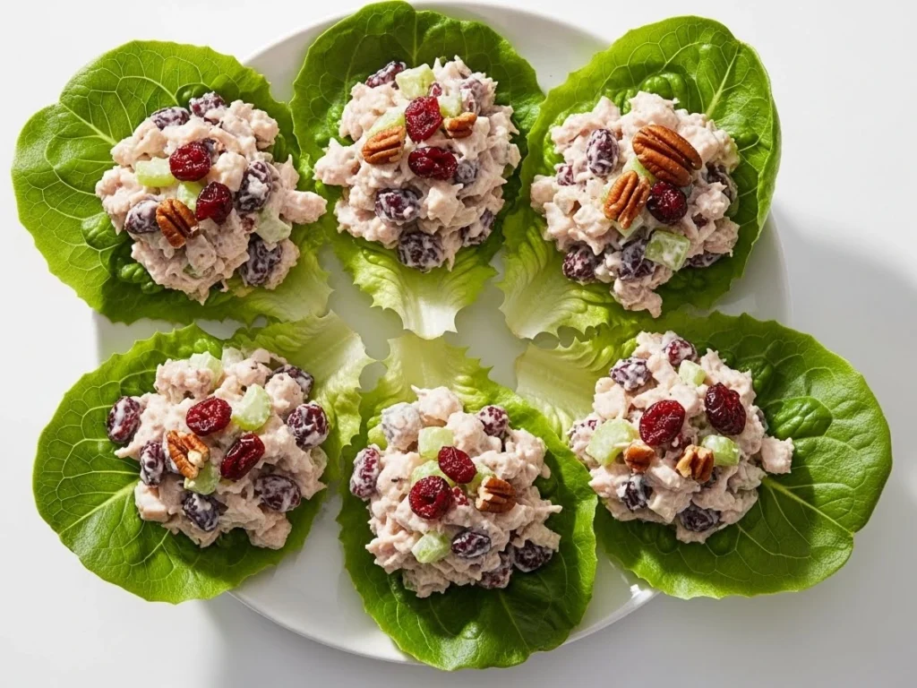 Cranberry chicken salad in fresh lettuce cups.