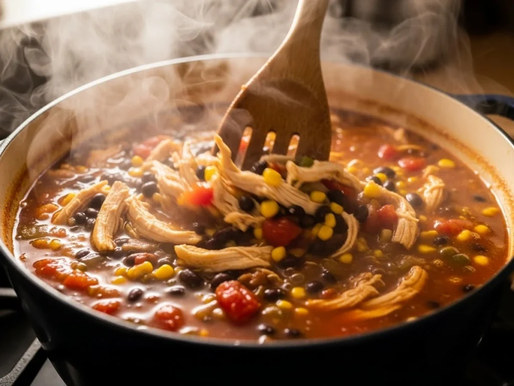 Chicken taco soup cooking in a pot on the stovetop