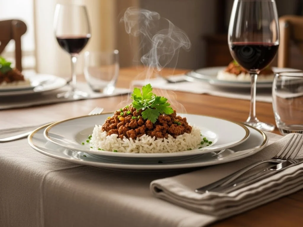 Served plate of flavorful ground beef and rice ready to enjoy.