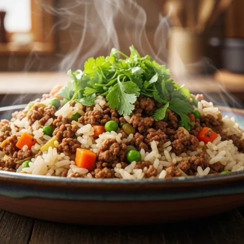Featured image of a delicious bowl of ground beef and rice recipe served warm.