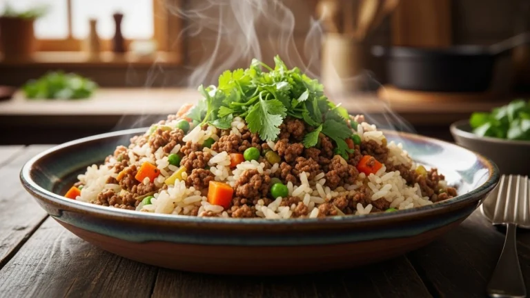 Featured image of a delicious bowl of ground beef and rice recipe served warm.