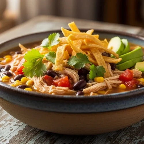 Ultimate chicken taco soup recipe served in a bowl with toppings
