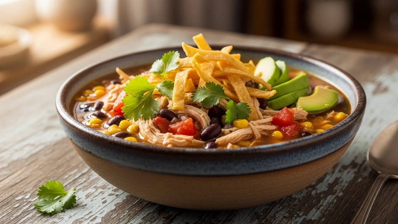 Ultimate chicken taco soup recipe served in a bowl with toppings