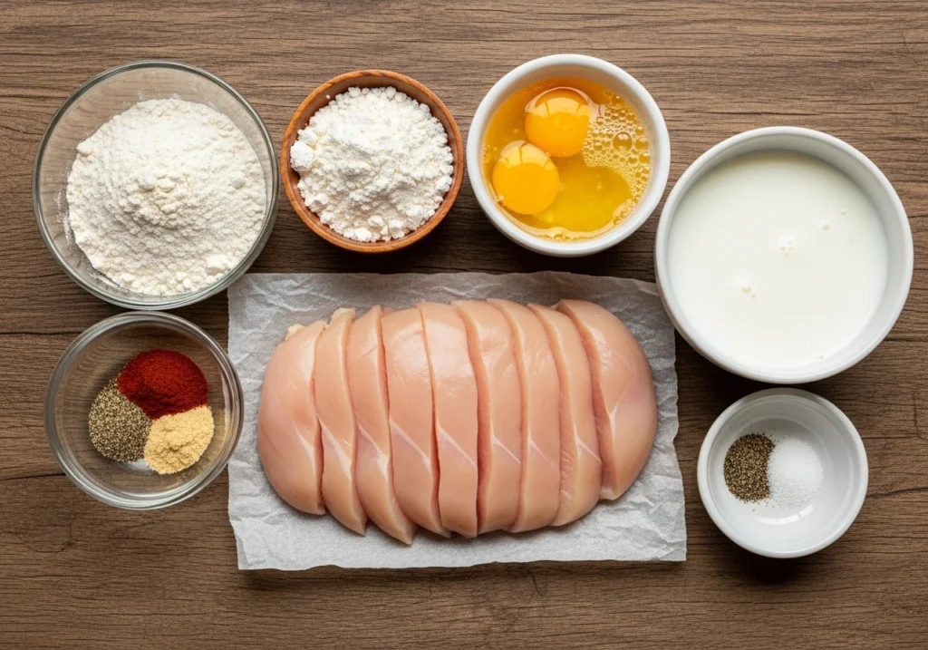 Ingredients needed for fried chicken fries recipe arranged on a table