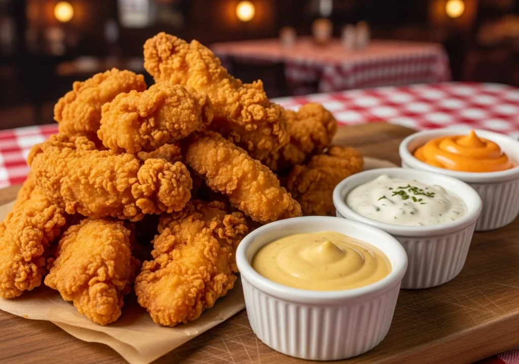 Fried chicken fries served with dipping sauces