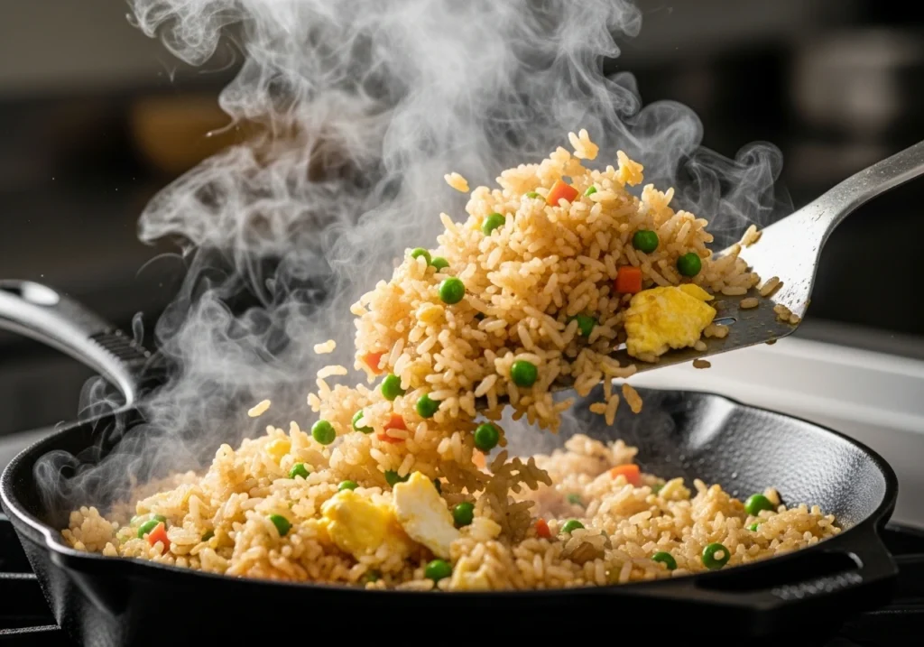 hibachi fried rice recipe cooking in skillet with steam rising and garlic butter flavor