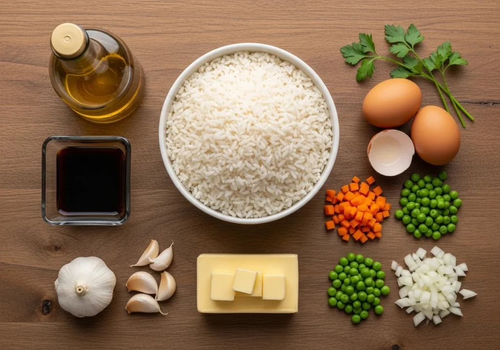ingredients for hibachi fried rice recipe including jasmine rice soy sauce butter garlic and vegetables