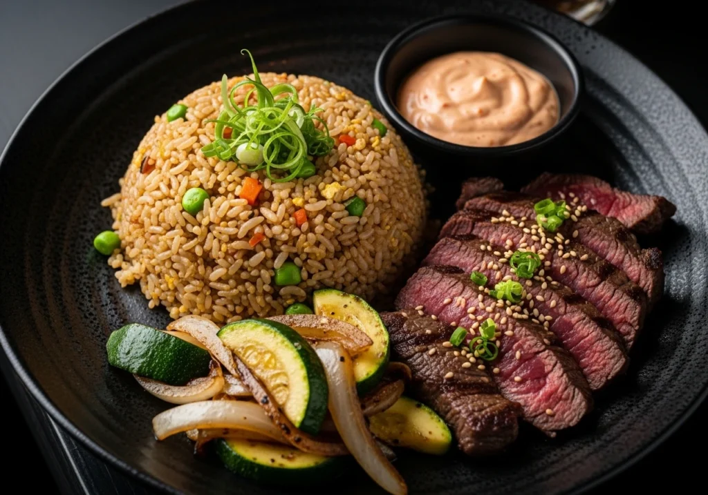 hibachi fried rice served with steak vegetables and yum yum sauce Japanese steakhouse style