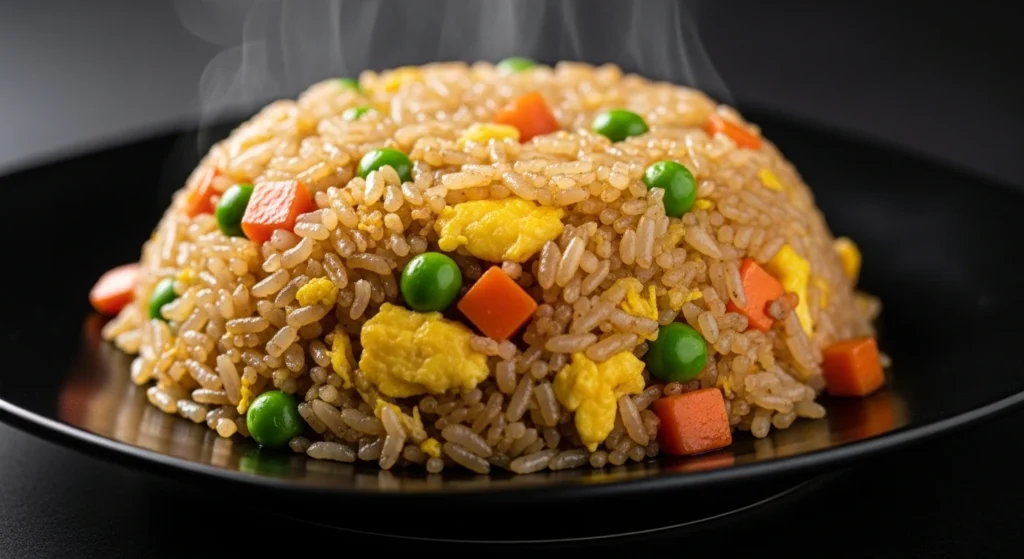 hibachi fried rice recipe served Japanese steakhouse style with garlic butter rice and vegetables