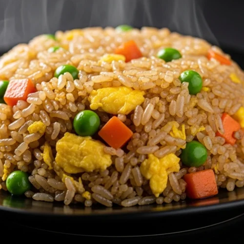 hibachi fried rice recipe served Japanese steakhouse style with garlic butter rice and vegetables